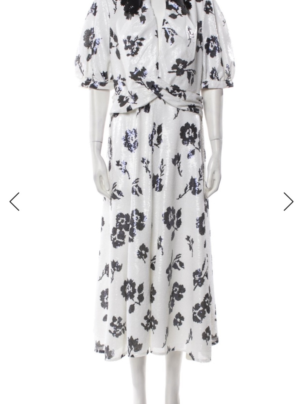 Self-Portrait sequined White Midi Dress with Black Floral Motif